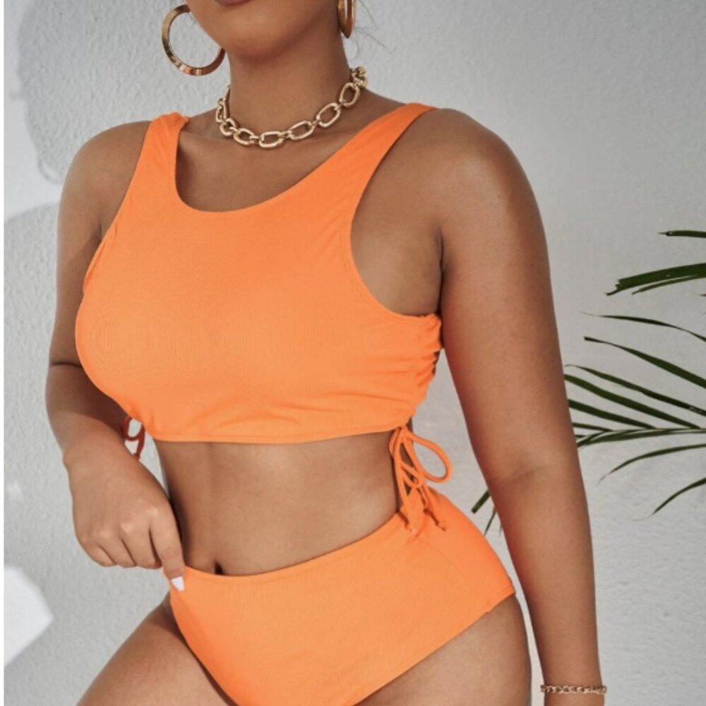 Orange 3 piece Swim Suit Set. Bikini and Beach Skirt. Size12 (0XL) Drawstring.